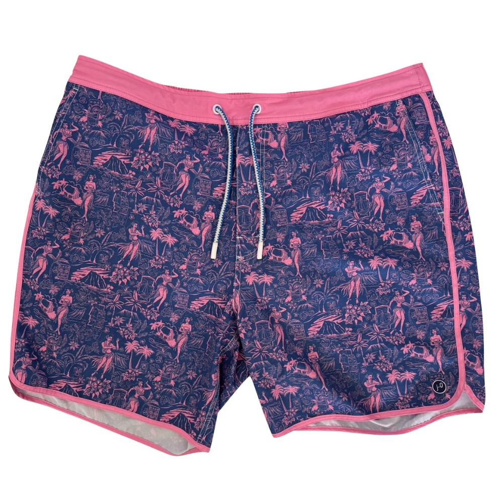 Johnnie-O Half Elastic 7" Surf Shorts Hawaiian Tropical Print Blue Pink Size XXL